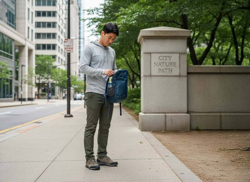 A male hiker prepares for his urban hike, checking his daypack on a city sidewalk at the edge of a park.