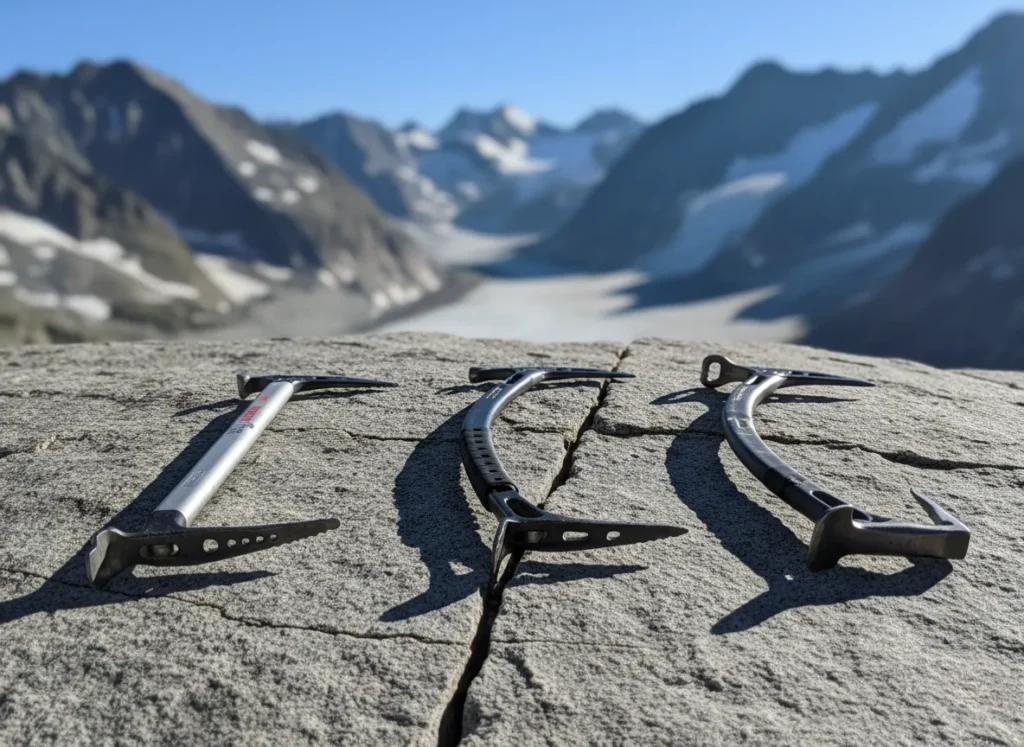 Three different types of ice axes for hiking and mountaineering are displayed on a rock with snowy mountains behind them.