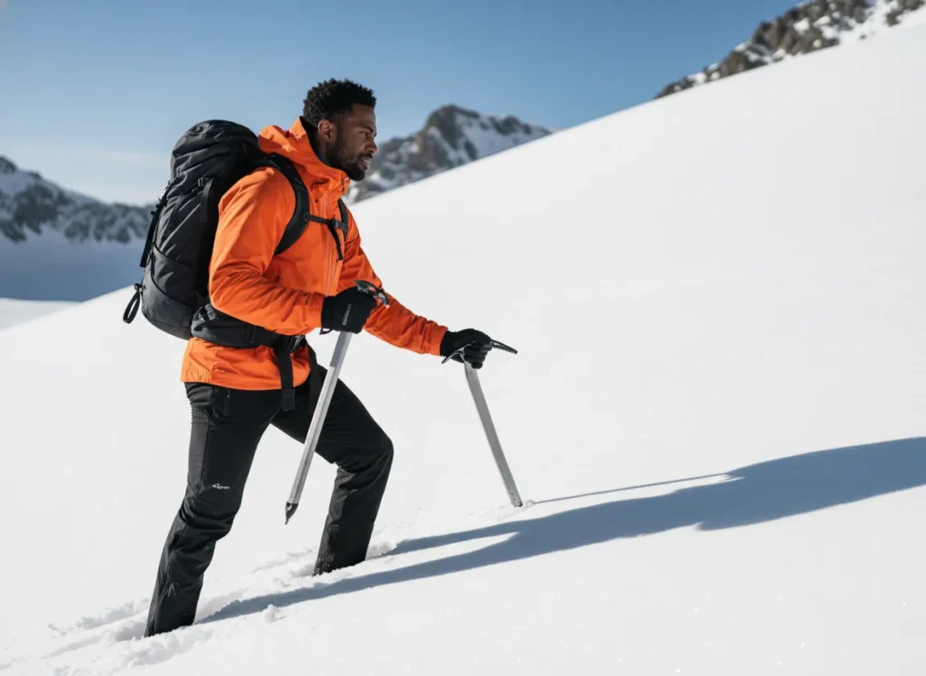A male hiker demonstrates how to proactively use an ice axe for security by plunging it into the snow while ascending a slope.