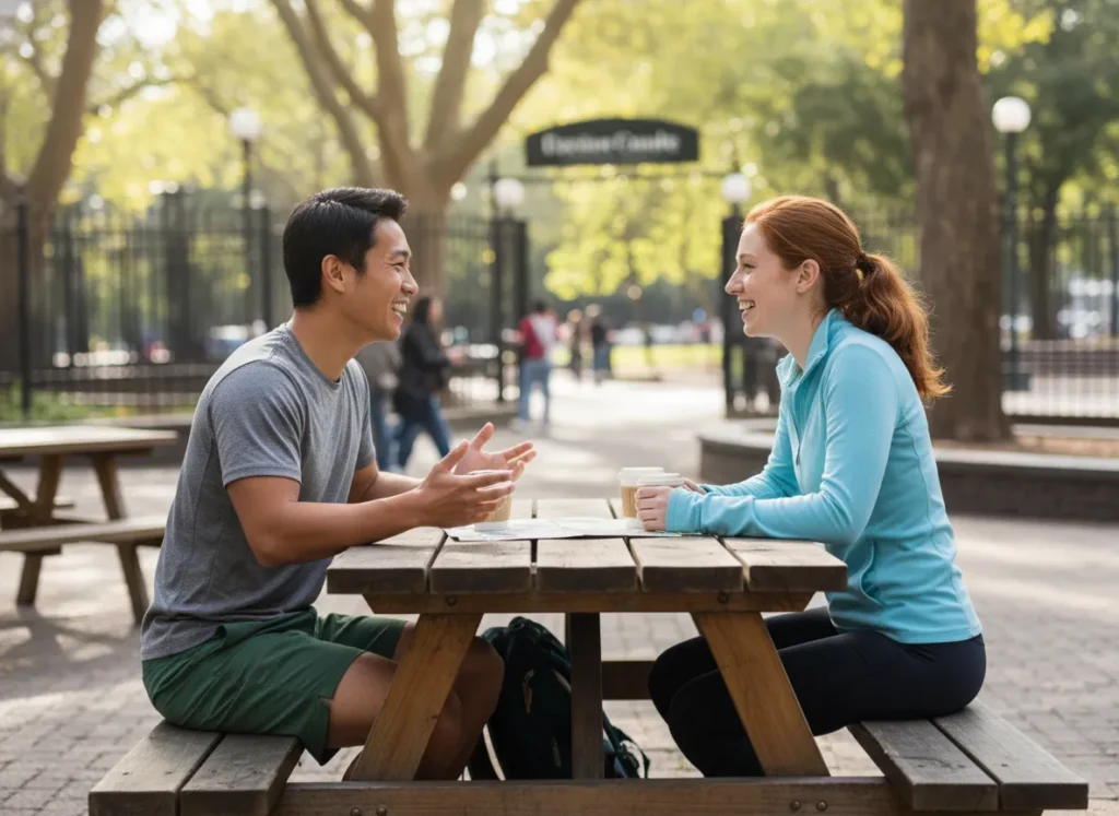 Two potential hiking partners, a man and a woman, having a safe first meeting and conversation at an outdoor cafe.