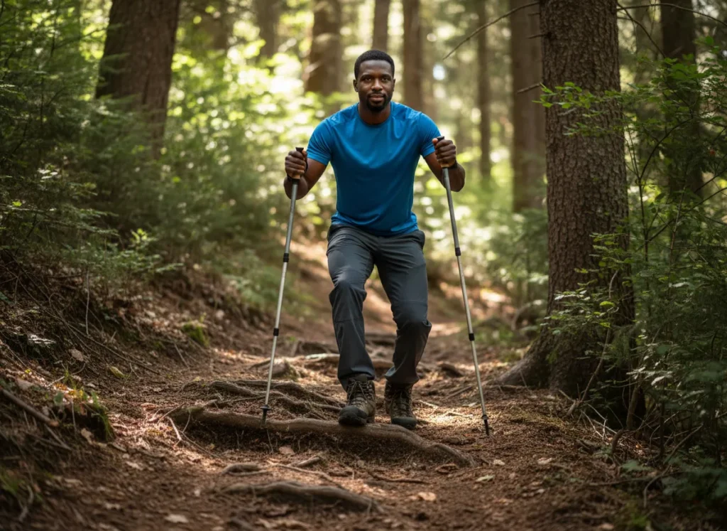 An athletic Afro-American male hiker carefully navigating a steep downhill section of a forest trail, demonstrating biomechanics in action.