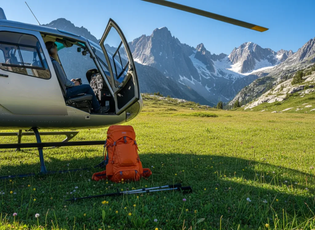 A hiking backpack and trekking poles on the ground next to a landed helicopter in an alpine meadow.