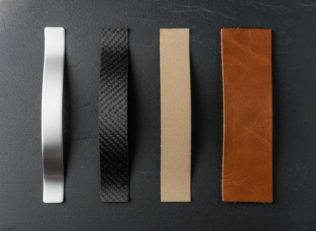 A top-down view of various boot shank materials—steel, carbon fiber, nylon, and leather—laid out for comparison on a slate background.