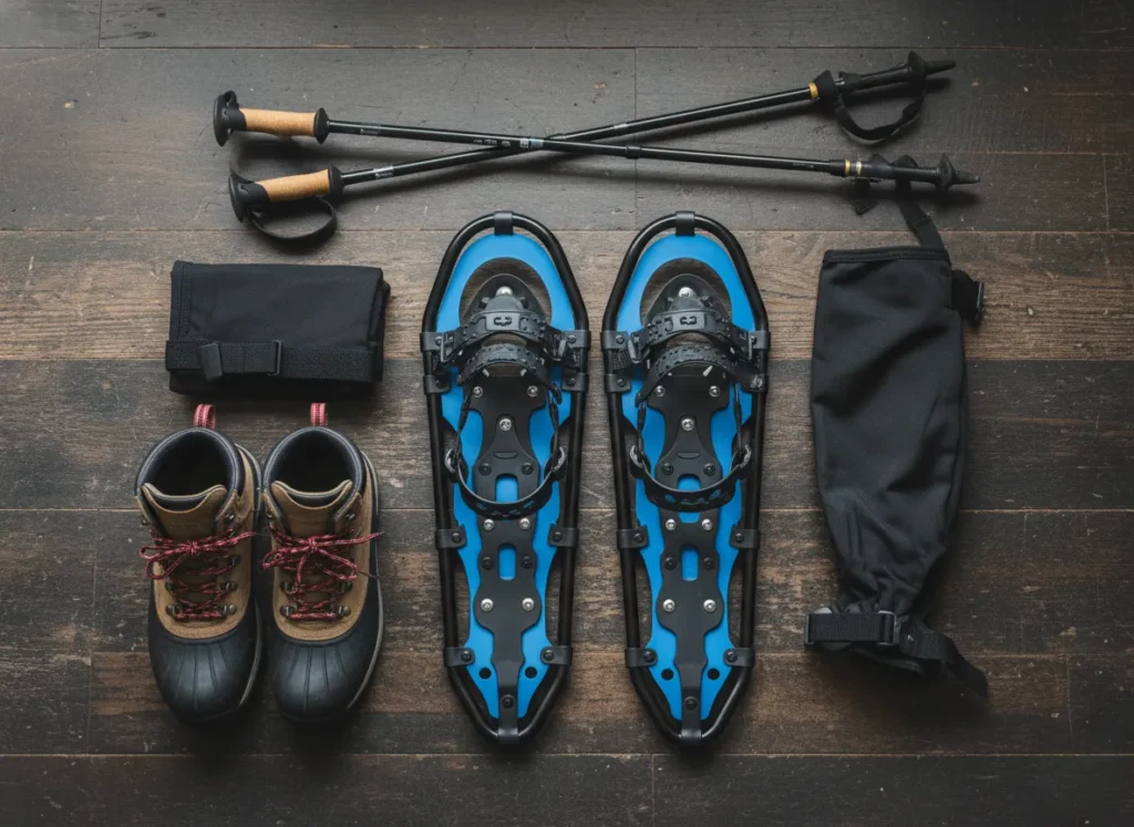 A flat lay of a complete winter hiking system, including snowshoes, boots, gaiters, and trekking poles with snow baskets.
