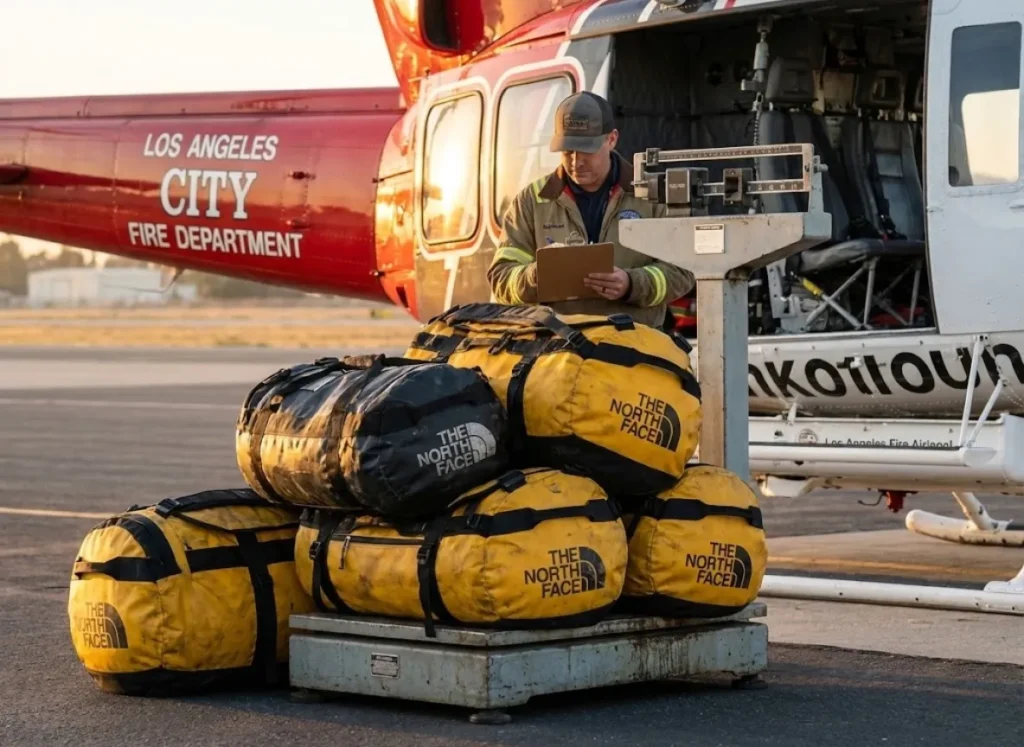 The North Face duffel bags being weighed on a tarmac next to a Bell helicopter.