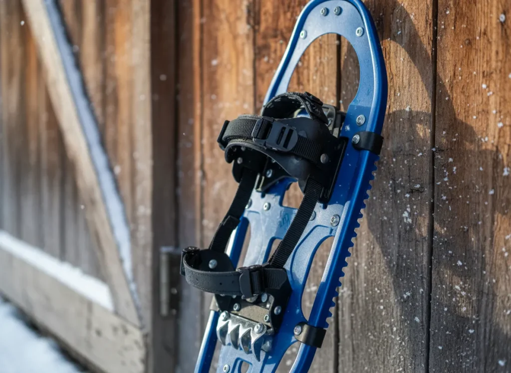 A detailed photo of a modern snowshoe highlighting its engineered components like crampons, bindings, and traction rails.