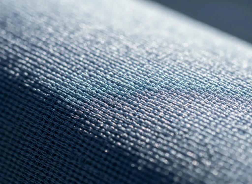 A macro close-up shot of a sun-protective technical fabric, showing its dense weave under bright sunlight.