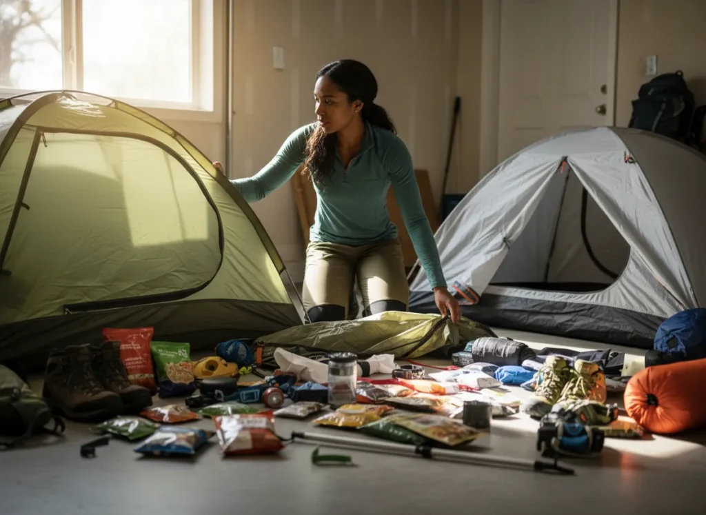 A woman thoughtfully inspects hiking gear, including a tent and backpack, laid out on a floor.