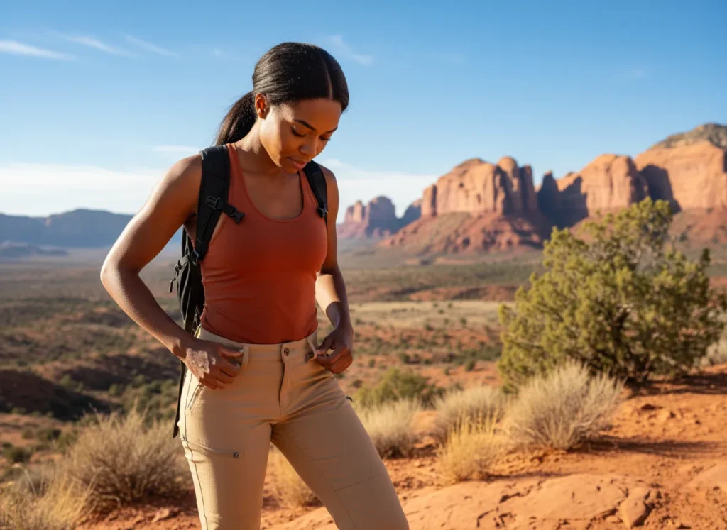 A female hiker closely inspecting the material of her convertible pants while standing on a sunny trail with red rock mountains behind her.