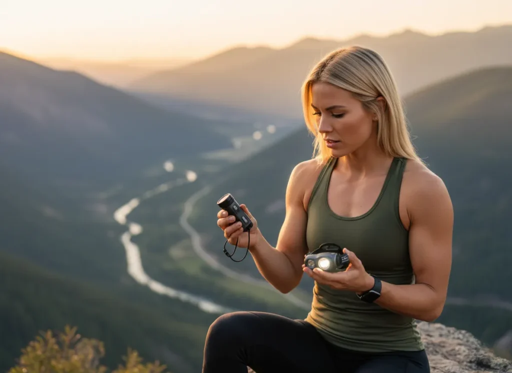 A female hiker sits on a mountain overlook, carefully comparing two different hiking headlamps in her hands.