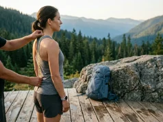 How to Measure Your Torso Length for a Backpack Hiker measuring torso length with a flexible tape down the spine to size a backpack