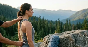 How to Measure Your Torso Length for a Backpack Hiker measuring torso length with a flexible tape down the spine to size a backpack