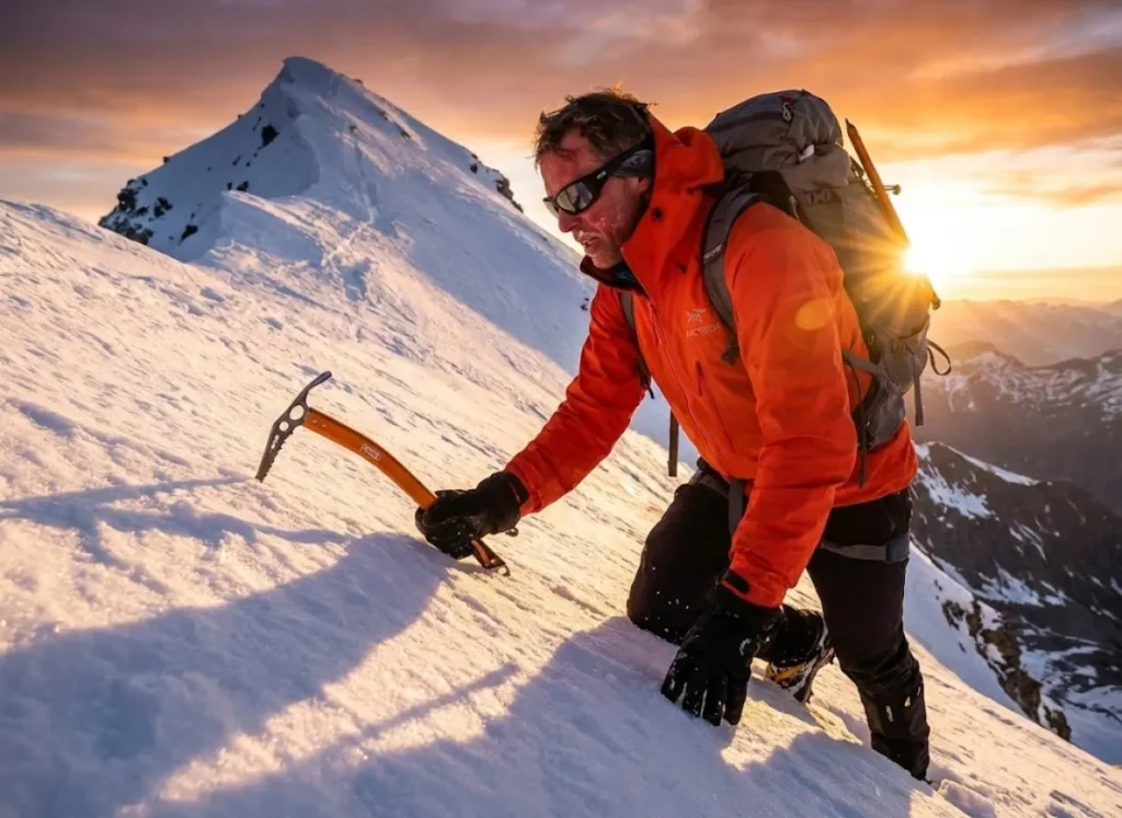 A mountaineer ascending a steep snowy ridge wearing an Arc'teryx jacket and using a Petzl Summit Evo ice axe.