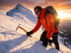 How to Use an Ice Axe: The Hiker’s Safety Guide A mountaineer ascending a steep snowy ridge wearing an Arc'teryx jacket and using a Petzl Summit Evo ice axe.