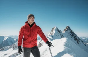 Ice Axe Skills for Hikers: Balance, Safety & Self-Arrest A male hiker in winter gear uses an ice axe for balance on a spectacular, snowy mountain ridge.