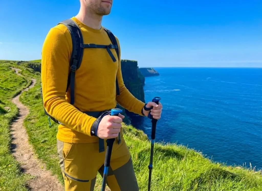 A hiker in a yellow Smartwool top standing on a lush green cliff edge overlooking a bright blue ocean.