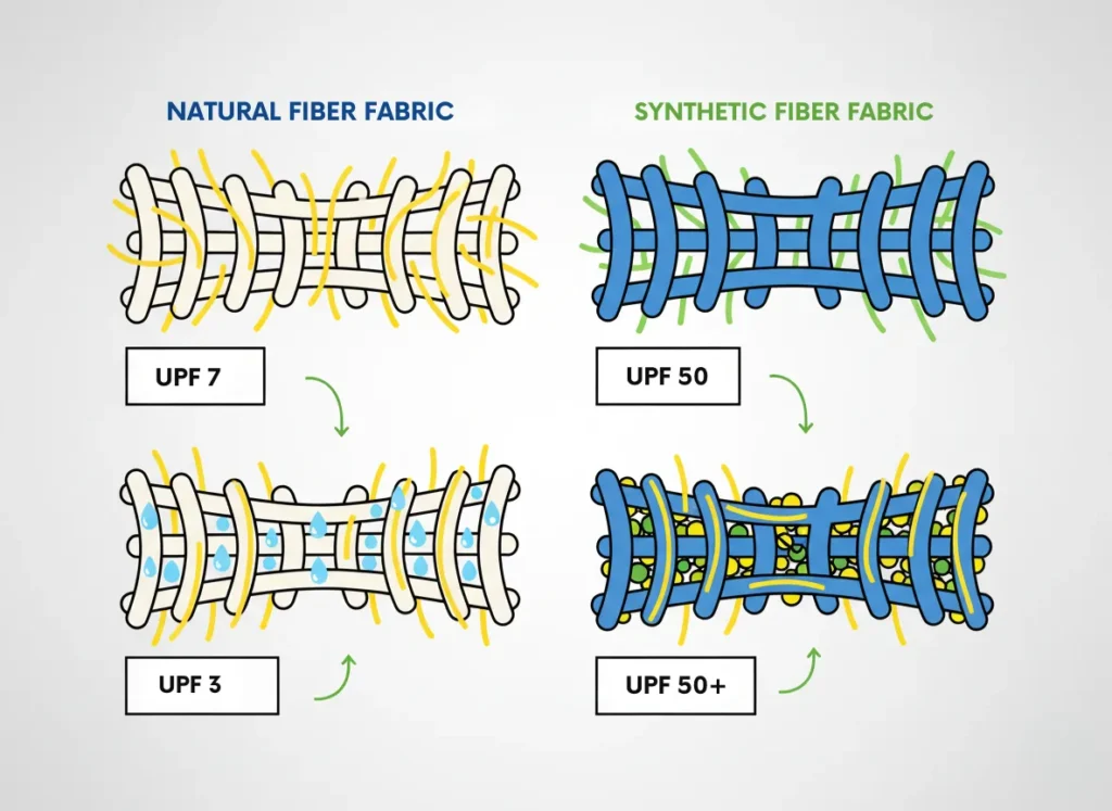 A minimalist infographic diagram comparing the effects of moisture on UV protection in natural and synthetic fabrics, showing dry and wet states side by side for each material with illustrative fiber weaves and UPF ratings.
