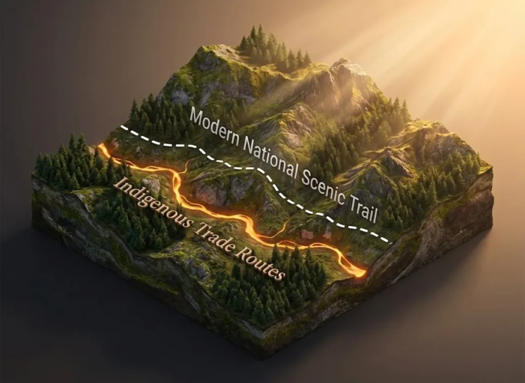 A stylized 3D cross-section map of the Appalachian Mountains featuring a "ghost" view where a glowing, ancient golden path labeled "Indigenous Trade Routes" serves as the literal foundation for a modern, white dashed hiking trail labeled "Modern Recreation," illustrating the concept of historical layering on the landscape.
