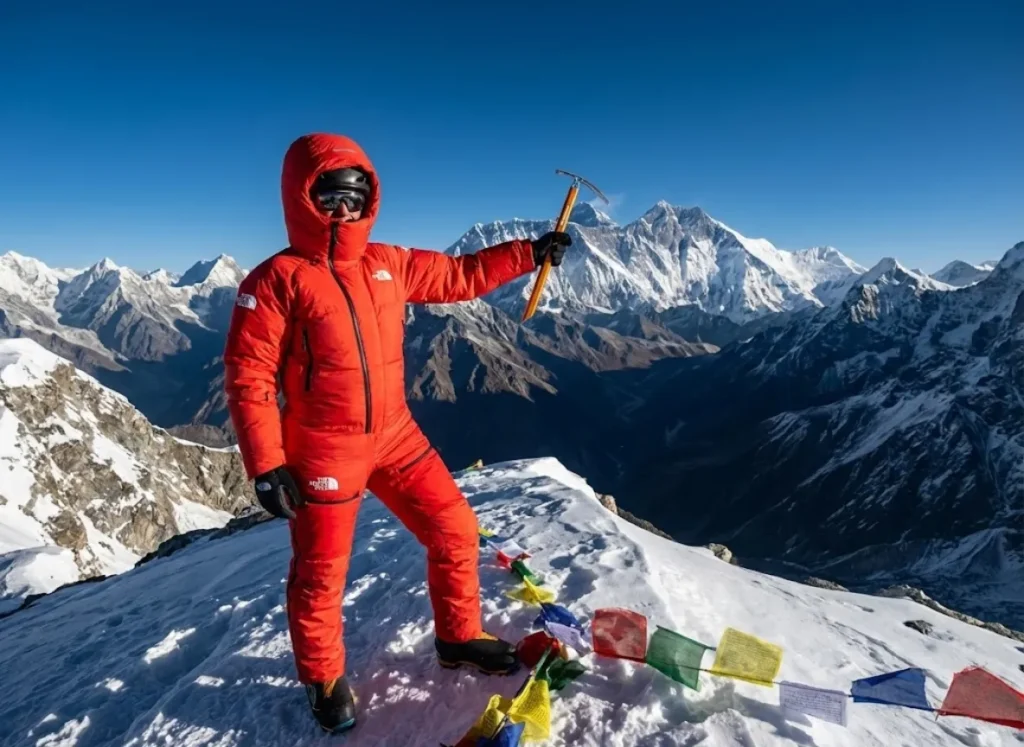 An alpinist in a yellow North Face expedition suit stands on a high ridge with prayer flags, looking out over a vast Himalayan mountain range.