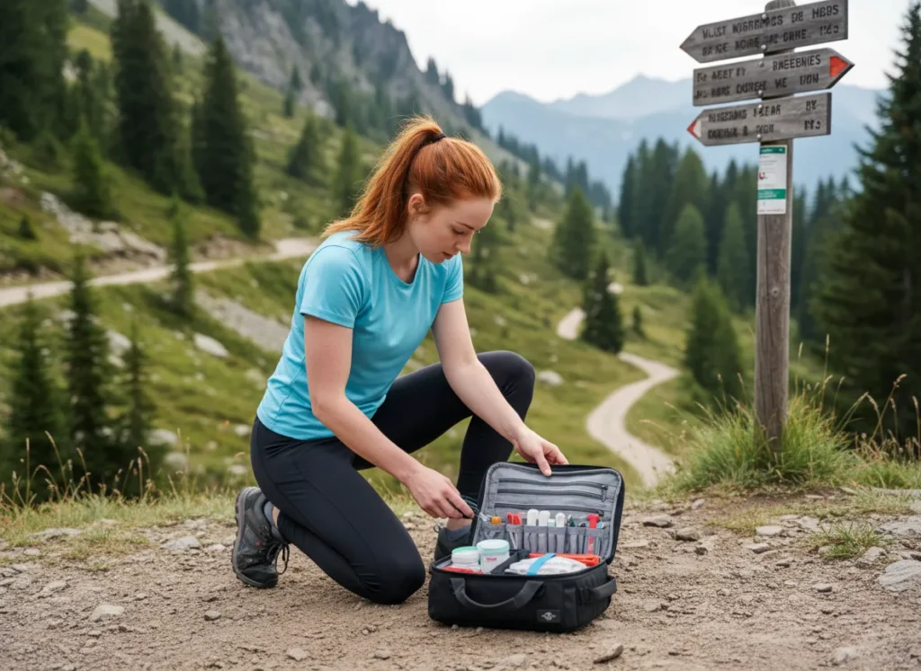 A female hiker kneels at a trail junction, carefully looking through the contents of her first-aid kit to make a decision.