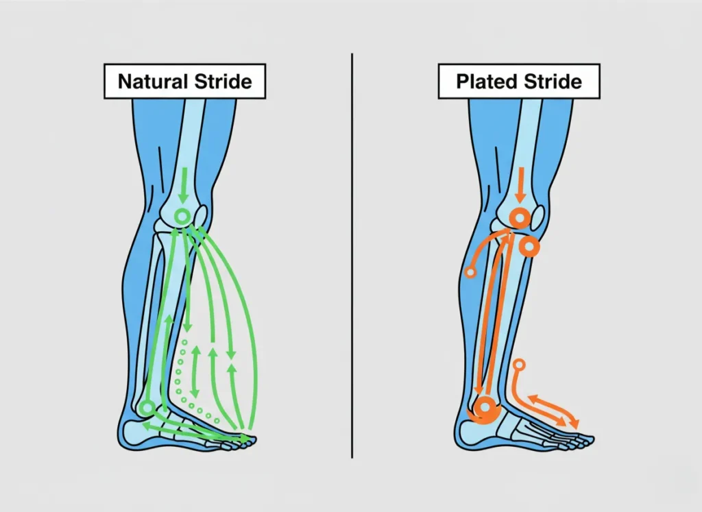 Infographic comparing natural stride force distribution to plated stride in a simplified leg diagram, highlighting redirection of forces from the ball of the foot to higher joints like ankle, knee, and midfoot.