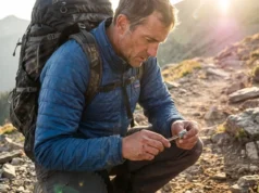 Essential Gear to Manage Leave No Trace Microtrash Safely Hiker wearing a Patagonia jacket and Osprey backpack crouching on a trail to pick up microtrash.