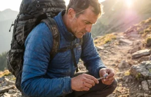 Essential Gear to Manage Leave No Trace Microtrash Safely Hiker wearing a Patagonia jacket and Osprey backpack crouching on a trail to pick up microtrash.