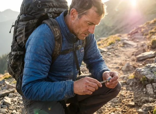 leave-no-trace-microtrash-hero Hiker wearing a Patagonia jacket and Osprey backpack crouching on a trail to pick up microtrash.
