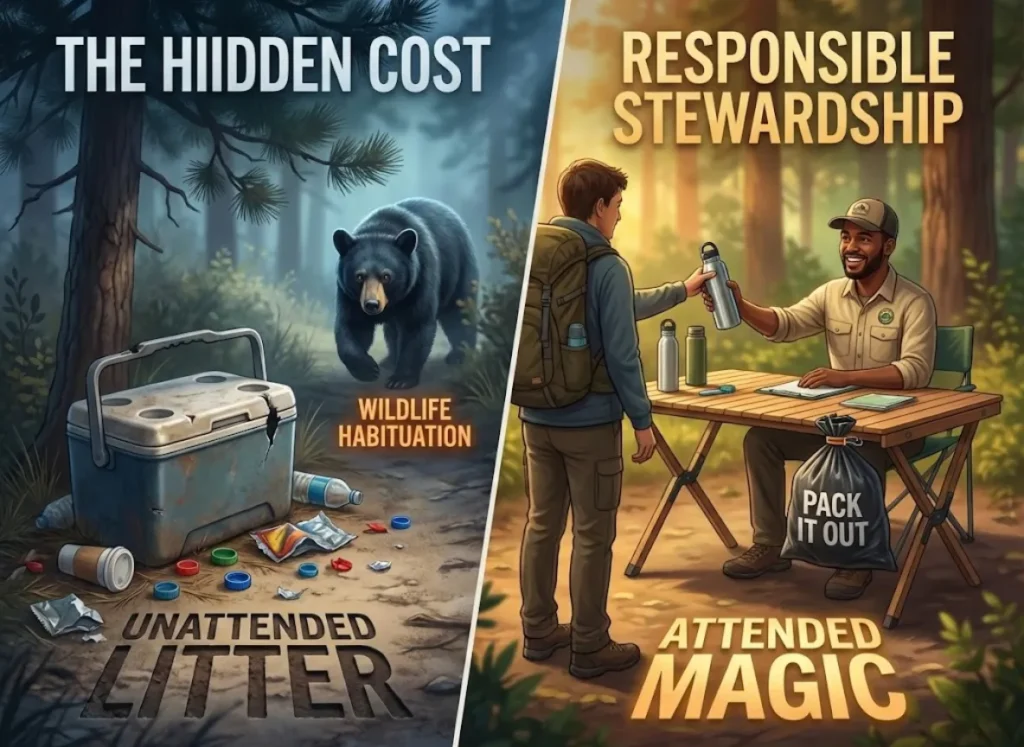 A side-by-side editorial illustration titled "The Impact of Trail Magic," contrasting a neglected, unattended food cache that attracts wildlife on the left with a responsible, attended hiker-support station on the right, emphasizing Leave No Trace principles.