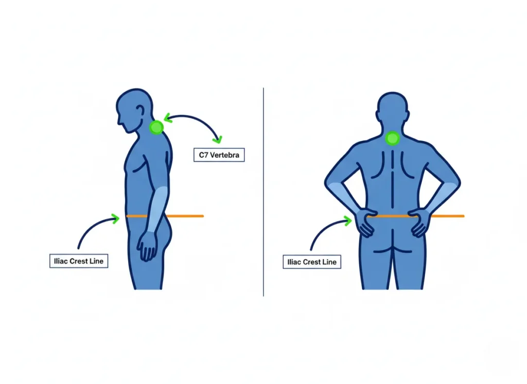 A minimalist vector diagram of the human torso in side and back views, highlighting the prominent bony bump at the base of the neck and the horizontal line across the top edges of the hip bones, with labeled callouts for anatomical reference points.