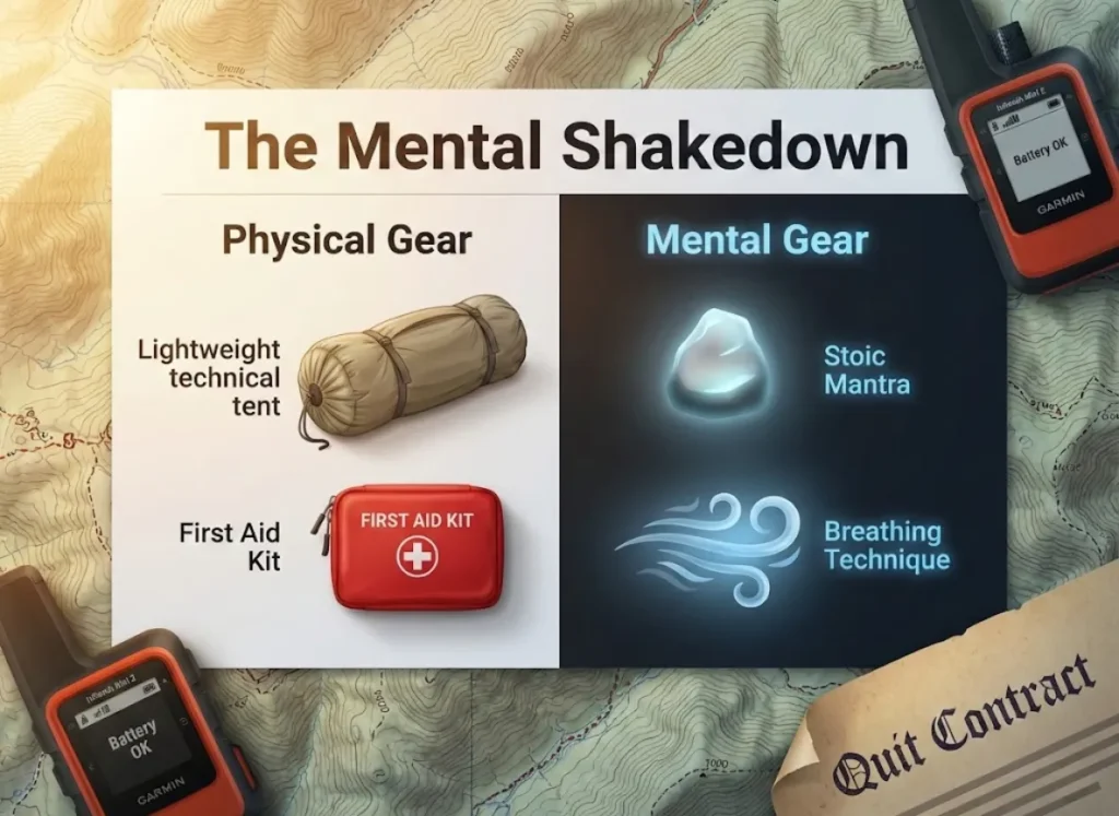 A split-screen editorial illustration comparing physical hiking gear with mental resilience strategies. A checklist titled "The Mental Shakedown" sits centrally, listing items like "Tent" vs. "Stoic Mantra" and "First Aid Kit" vs. "Breathing Technique," styled with a premium vector-realism aesthetic.