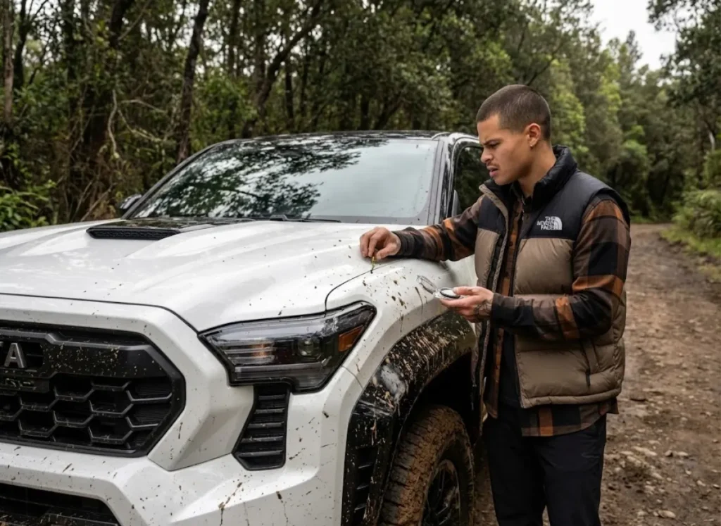 Hiker noticing compass error caused by magnetic interference from a Toyota Tacoma truck hood.