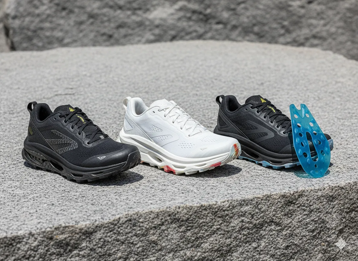Three different types of modern trail running shoes displayed on a rock, showcasing different underfoot protection technologies.
