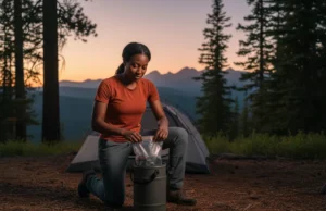 Mastering Backcountry Food Safety: The Complete System A confident female hiker carefully packing a bear canister at her backcountry campsite in a forest setting.