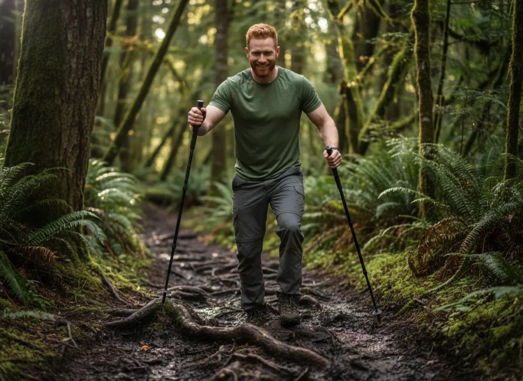 A skilled male hiker confidently uses trekking poles to master a difficult, muddy section of a forest trail.