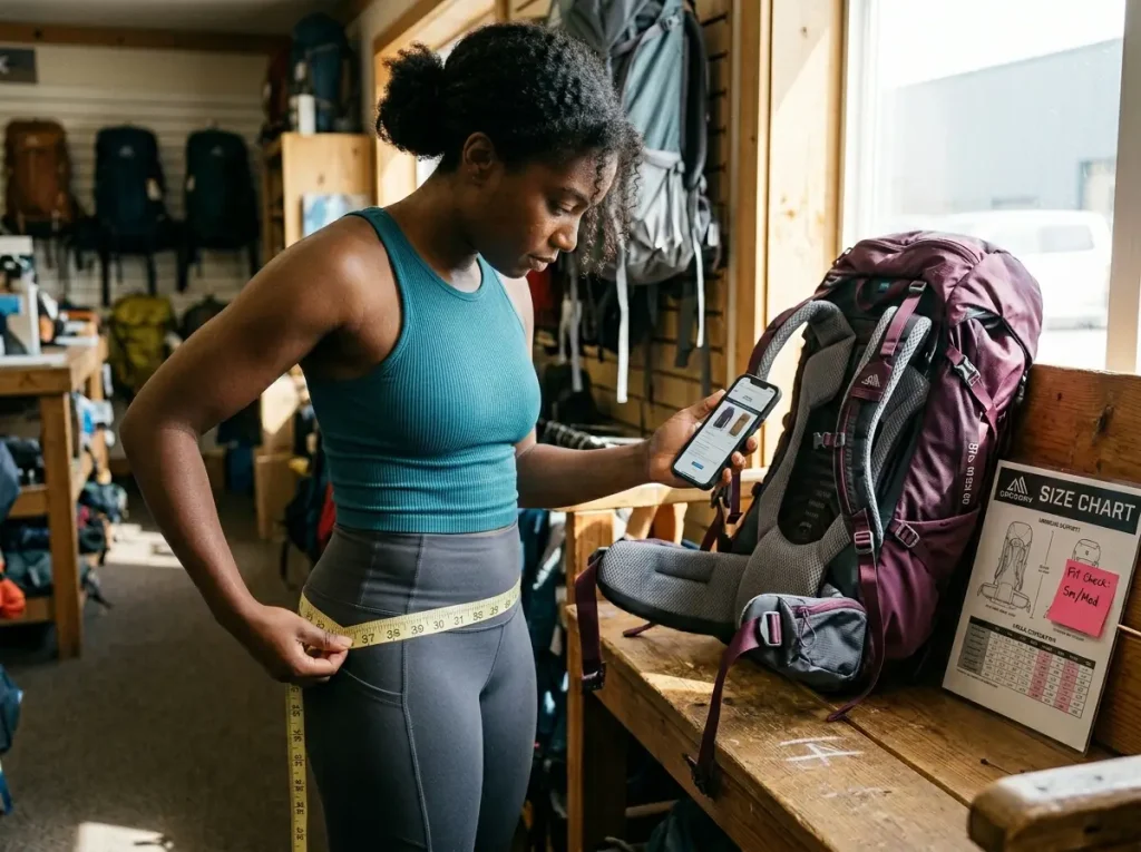 Measuring hips at the iliac crest and checking a backpack torso size chart