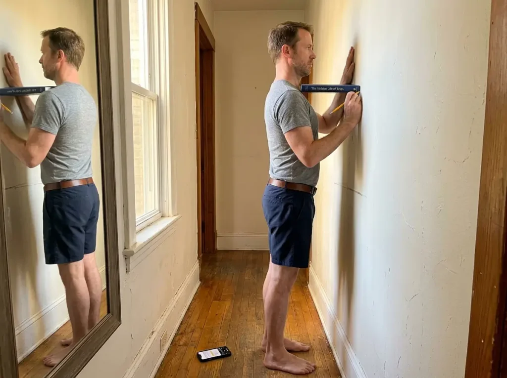 Wall-and-pencil method to measure torso length solo, marking C7 against a wall