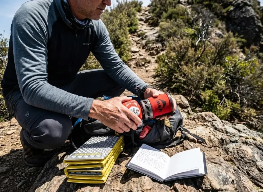 Hiker organizing an MSR PocketRocket stove and Therm-a-Rest Z Lite pad during a training hike on a rocky outcrop.