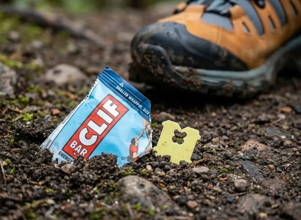 Macro shot of a Clif Bar wrapper corner and plastic tab in the dirt next to a Salomon hiking boot.