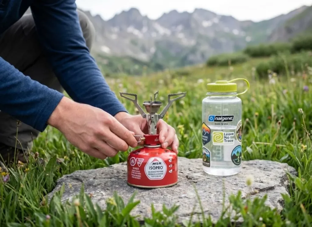 Hiker setting up MSR stove on a rock next to a Nalgene bottle practicing Leave No Trace