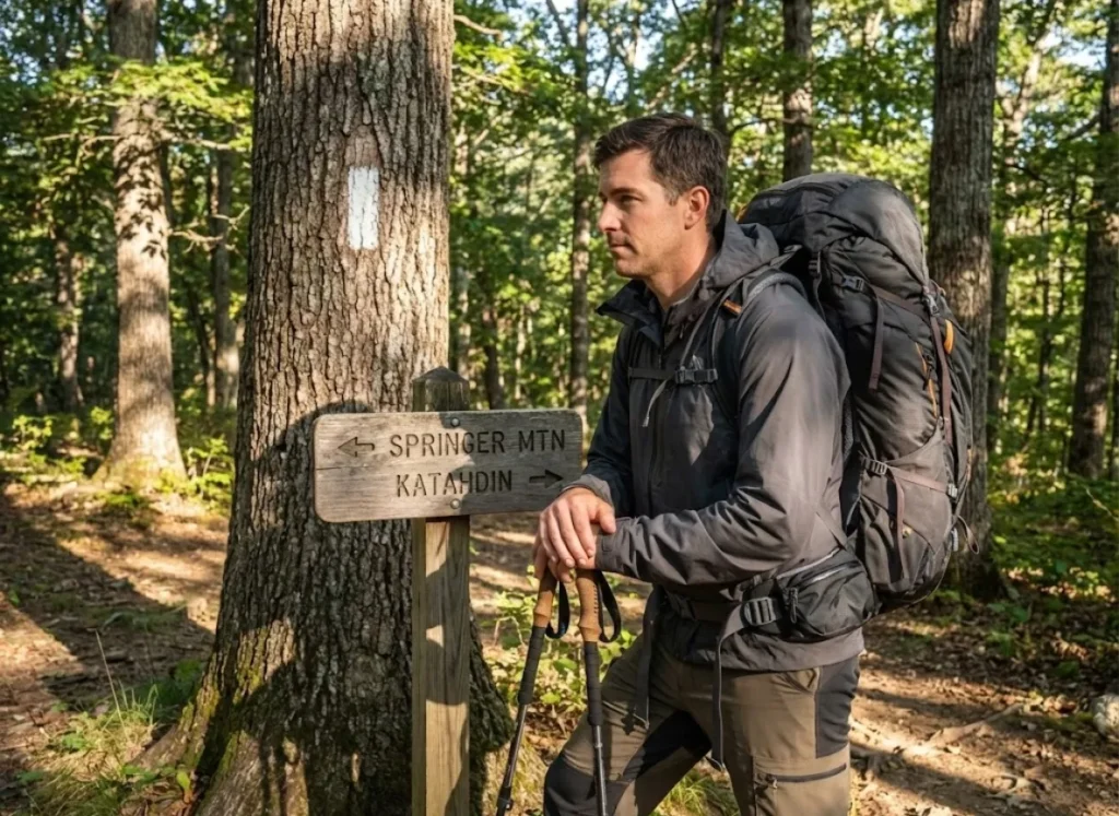Hiker with Gregory backpack walking past a wooden trail sign on the Appalachian Trail