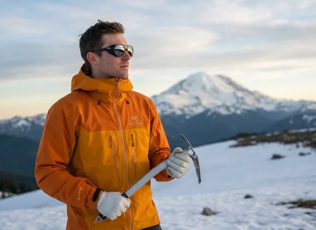 A professional mountaineer wearing an Arc'teryx jacket and Oakley sunglasses stands on a snowy ridge holding an ice axe, looking toward a summit in golden morning light.