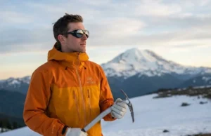 From Trail to Summit: Non Technical Mountaineering Guide A professional mountaineer wearing an Arc'teryx jacket and Oakley sunglasses stands on a snowy ridge holding an ice axe, looking toward a summit in golden morning light.