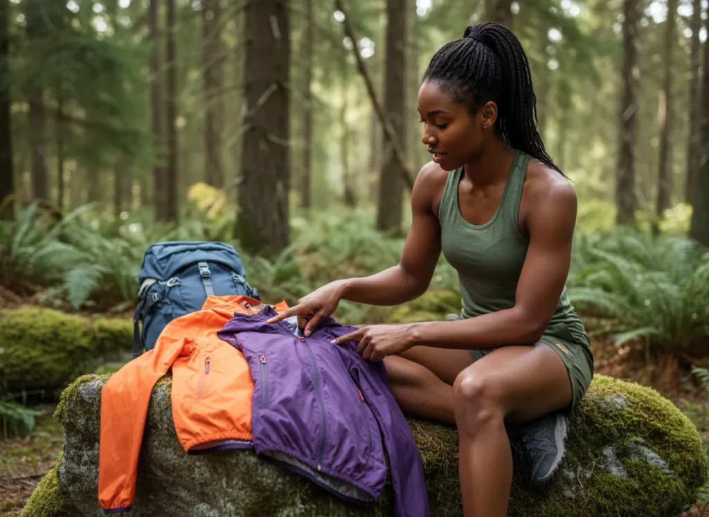 An athletic woman in her late 20s comparing two different hiking wind jackets laid out on a rock during a trail break.