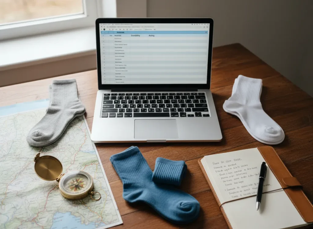 A flat-lay of hiking liner socks, a laptop with a spreadsheet, a map, and a notebook, representing a gear selection process.