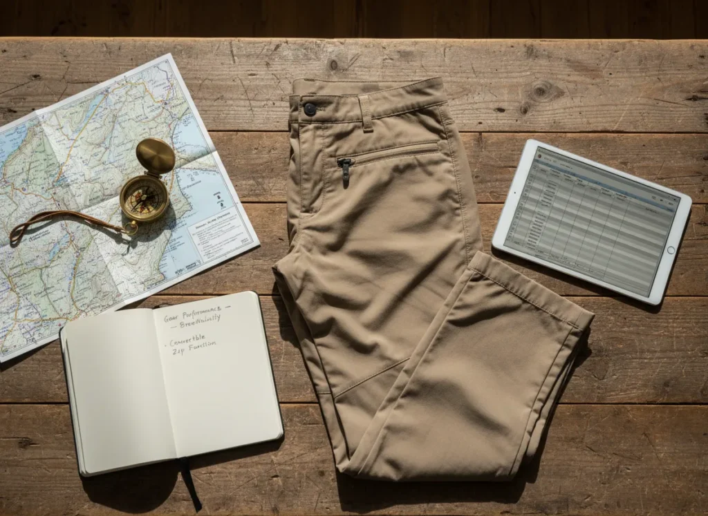 A flat-lay of hiking gear selection tools, including convertible pants, a map, compass, and a tablet with data, on a wooden table.