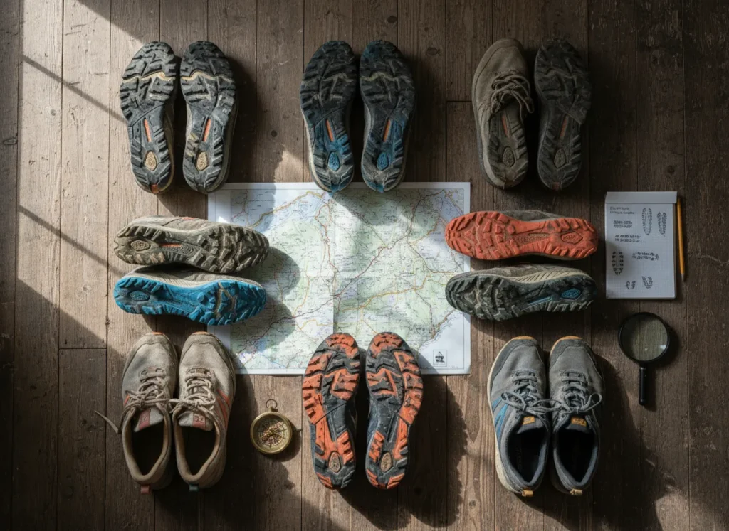 A top-down view of several pairs of zero-drop trail shoes, a map, and a notebook, representing a gear selection process.