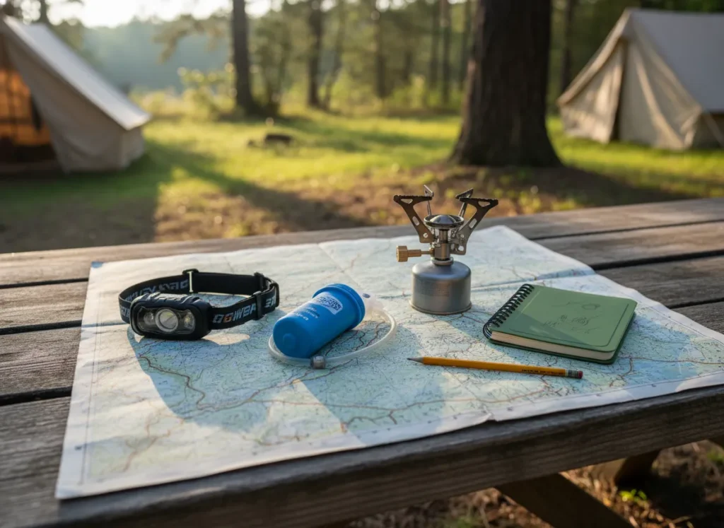 A topographical map on a wooden table with a headlamp, water filter, and notebook, indicating a gear selection process.