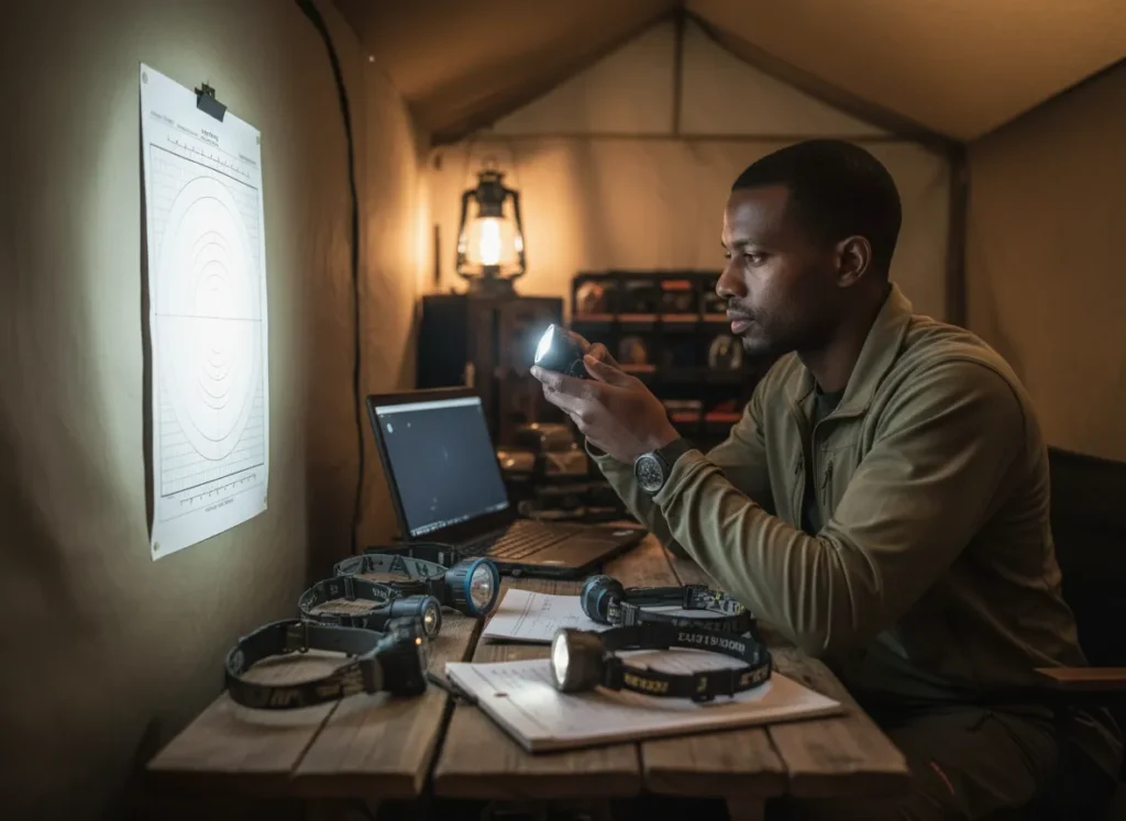 An expert hiker meticulously tests and compares several different headlamps on a table filled with notes and equipment.