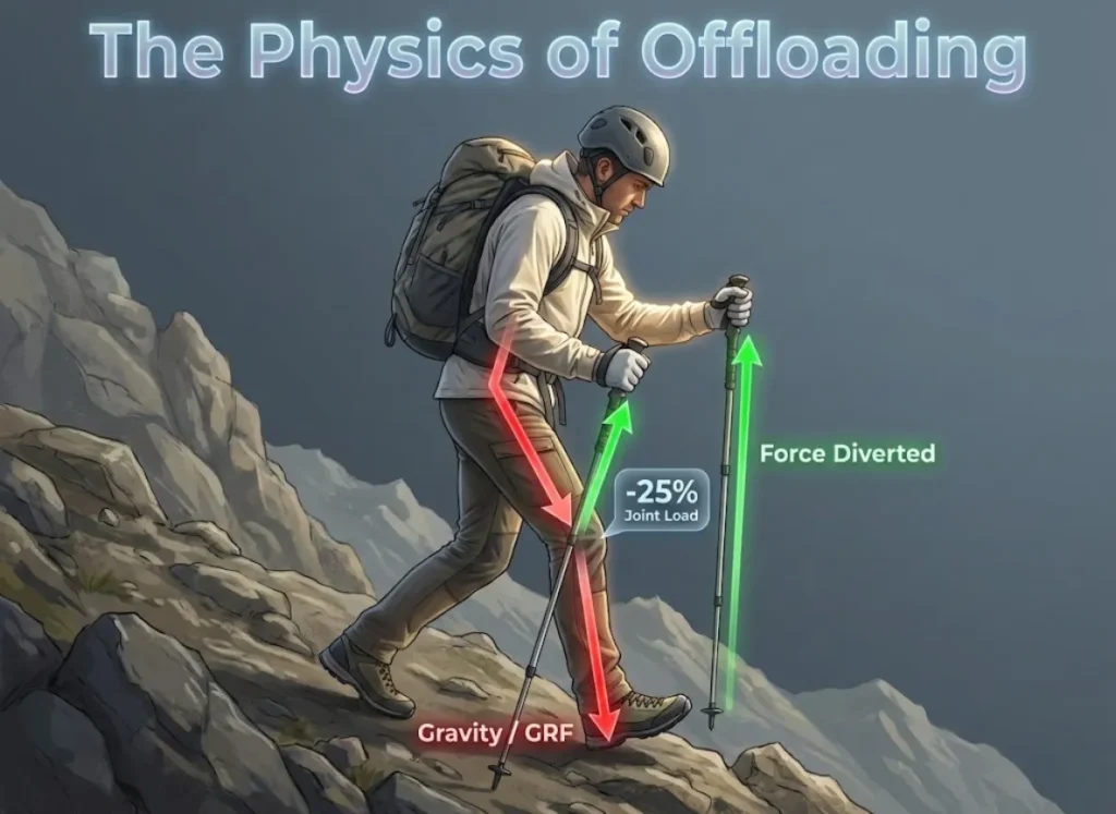 A sophisticated 3D vector-realism infographic illustrating a hiker descending a slope. The image visualizes the physics of hiking with poles, using color-coded arrows to show ground reaction force being diverted from the knees to the upper body.